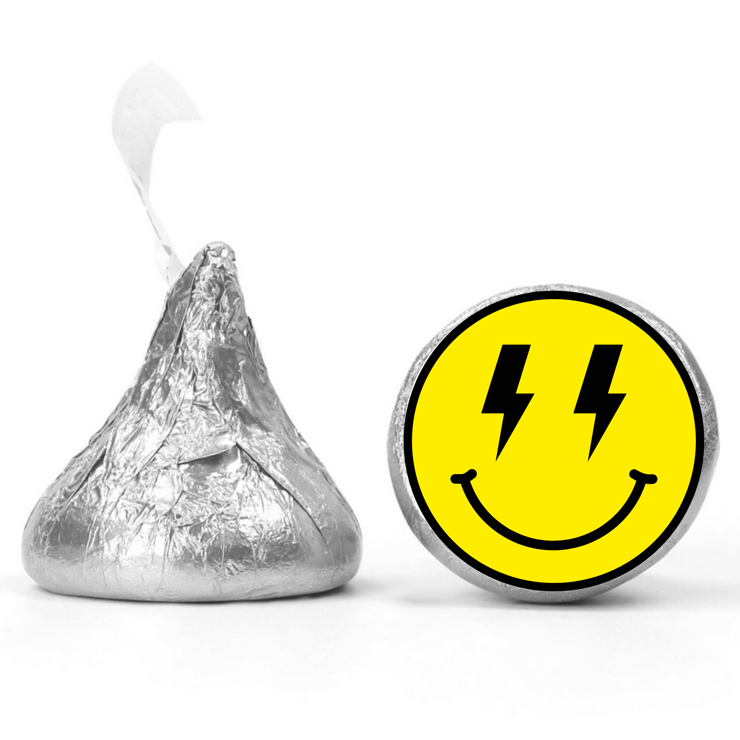 Smiley Face Birthday | Mini Kiss Labels | Chocolate Candy Stickers | Bright Yellow Theme | Happy Party Favors | Glossy
