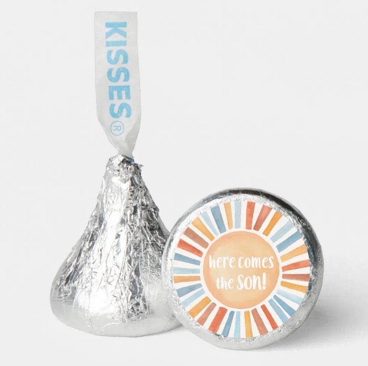 Here Comes the Son Baby Shower Chocolate Candy Labels | 0.75" Round Stickers |Peach Sunburst| 100ct|Gender Reveal Favors
