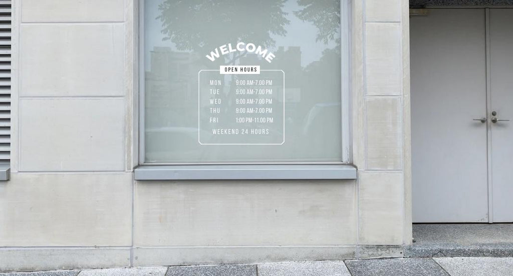 Business Hours Wall Decal | Removable Self Adhesive Vinyl | 11.5in W x 13in H Large Sign | Window & Door Display