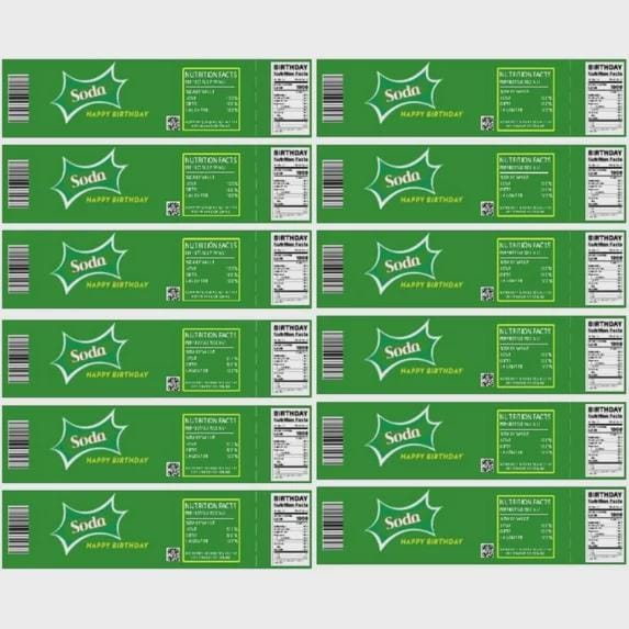 Happy Birthday Soda Bottle Labels, Green Nutrition Facts Design (Set of 15)