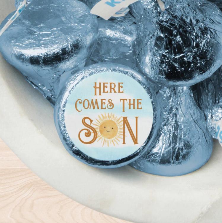 Here Comes the Son Kisses Candy Stickers | 100pcs|0.75in|Baby Shower Favors|Glossy