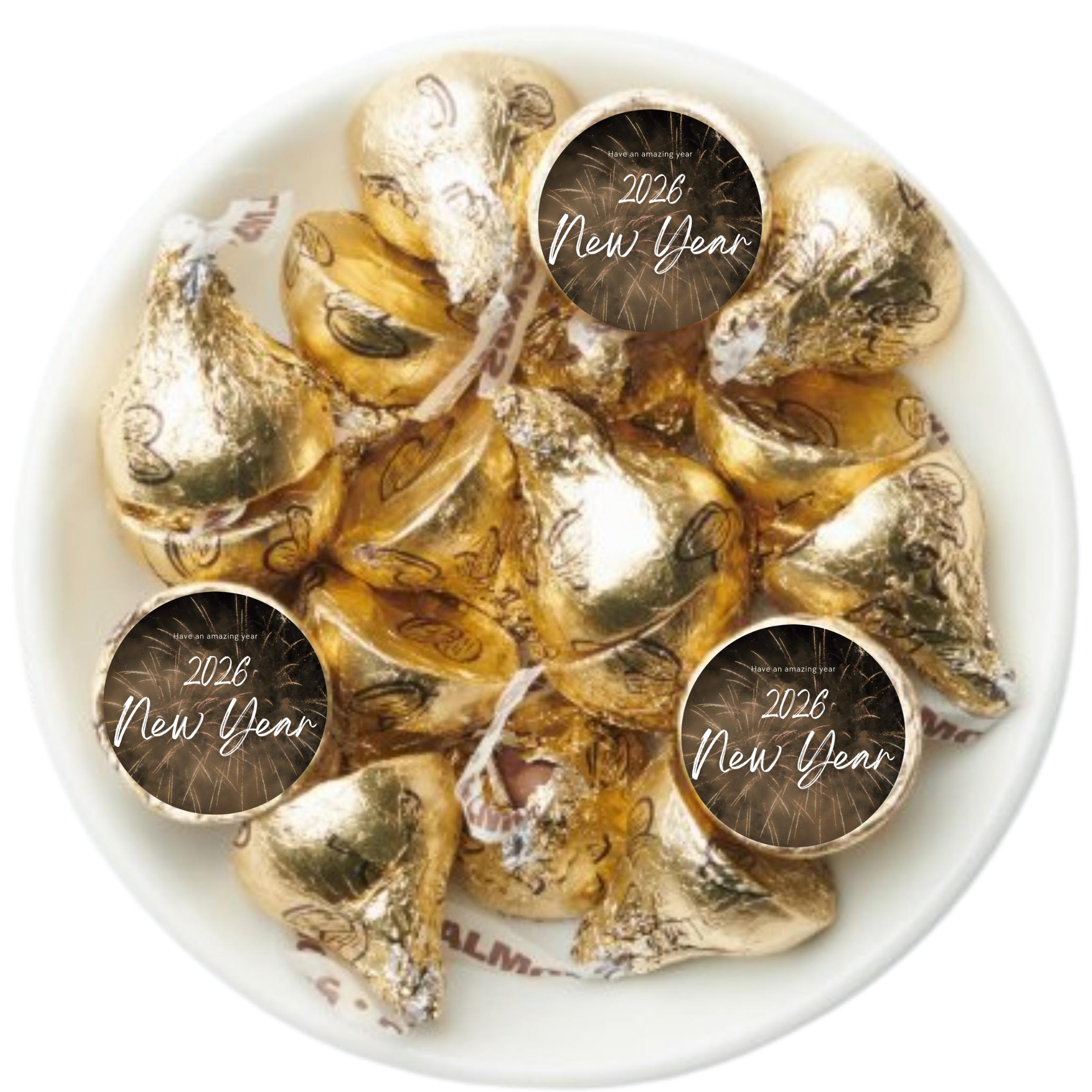 Happy New Year 2026 Candy Kiss Stickers | Glossy Peel & Stick 100-Pack | Self-Adhesive Durable Chocolate Wraps