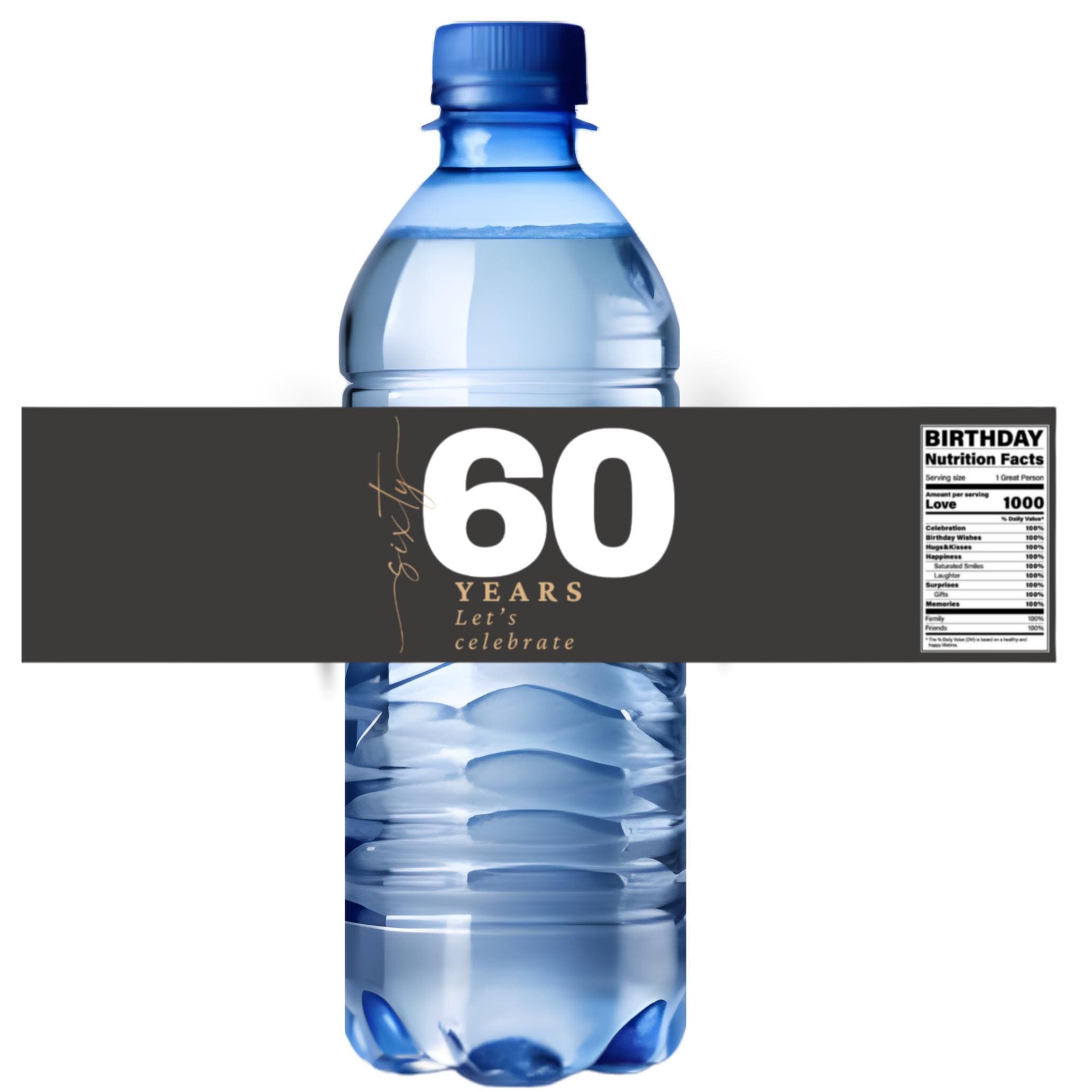 60th Birthday Water Bottle Labels | 60 Years Lets Celebrate | Party Table Decor | Glossy