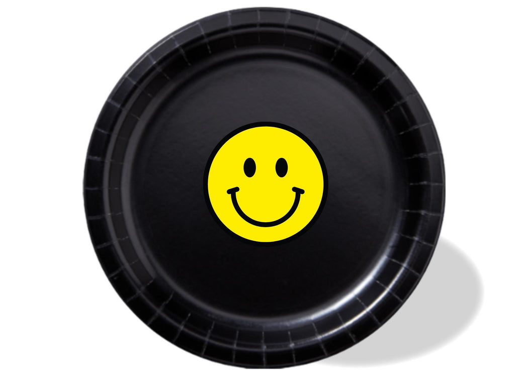 Smiley Face Party Supplies | Black Paper Plates Set | Modern Party Table Decor