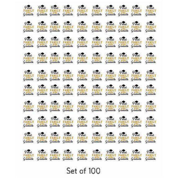 Graduation Party Favors, Proud Family of a Graduate Candy Stickers, Set of 100, White Gold