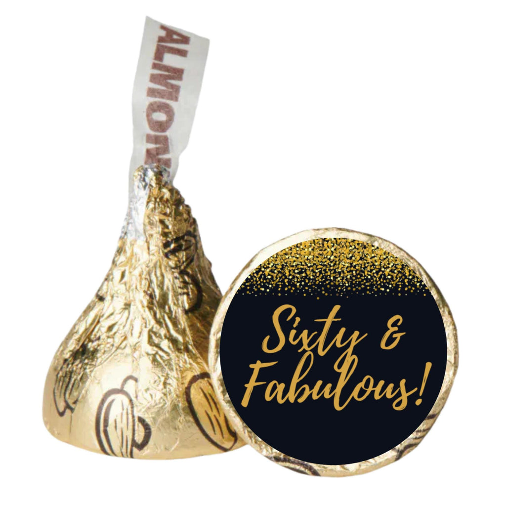 Sixty and Fabulous Birthday Candy Stickers | 100 Glossy Candy Kiss Labels | Peel & Stick Chocolate Decor |