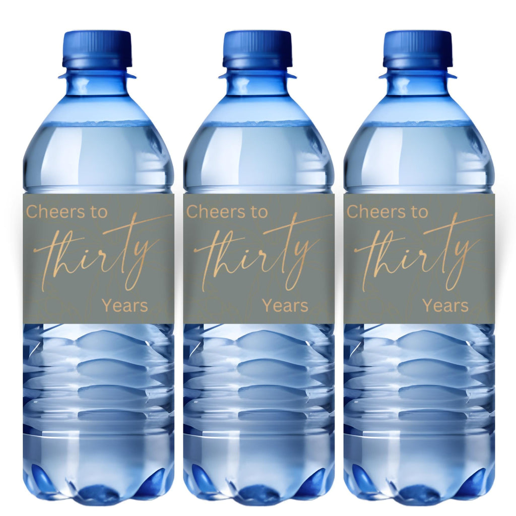 Cheers to 30 Years Water Bottle Labels | 30th Birthday Party table Accents |Glossy| 12ct|Green
