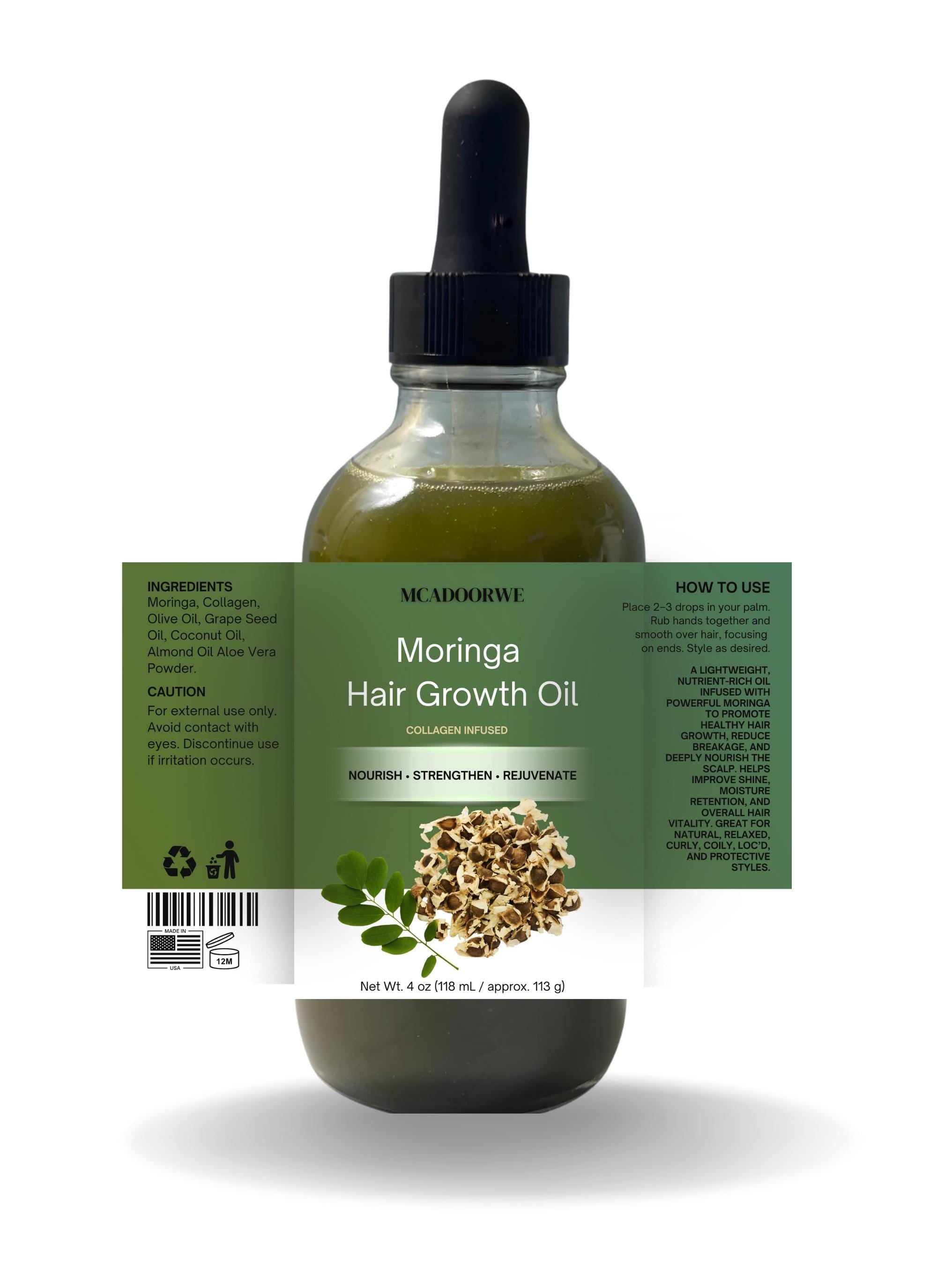 Moringa Hair Growth Oil | 4 fl.oz | 100% Pure & Natural | Herbal Oil | Collagen Infused