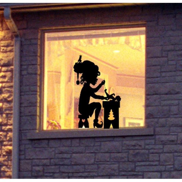 Christmas Large Santa's Elf sewing a Teddy Bear Present Window Cling Decal