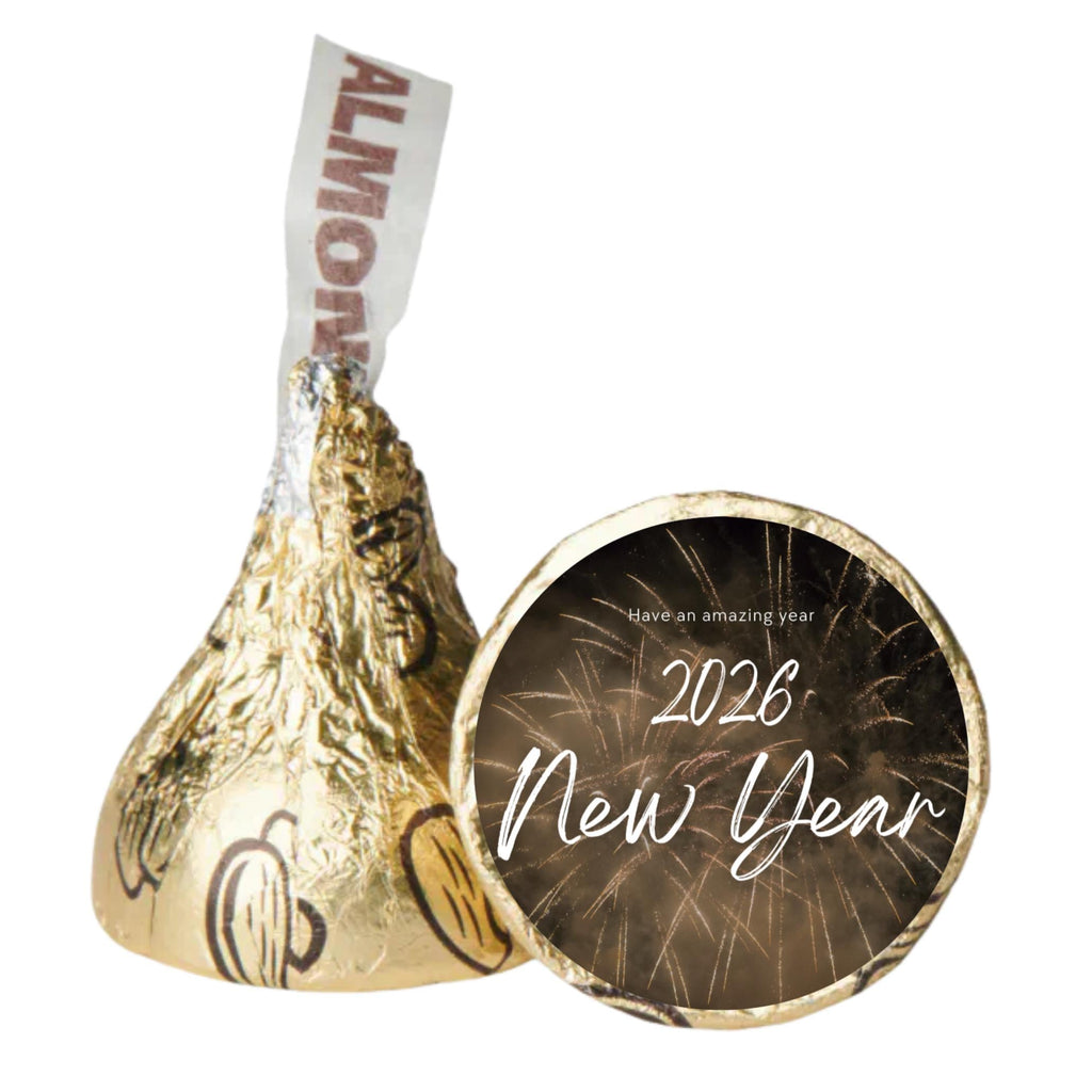 Happy New Year 2026 Candy Kiss Stickers | Glossy Peel & Stick 100-Pack | Self-Adhesive Durable Chocolate Wraps