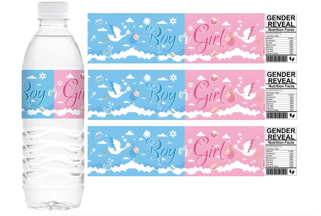 Boy or Girl | Gender Reveal Water Bottle Labels | Blue and Pink | Set of 12 | Waterproof & Durable