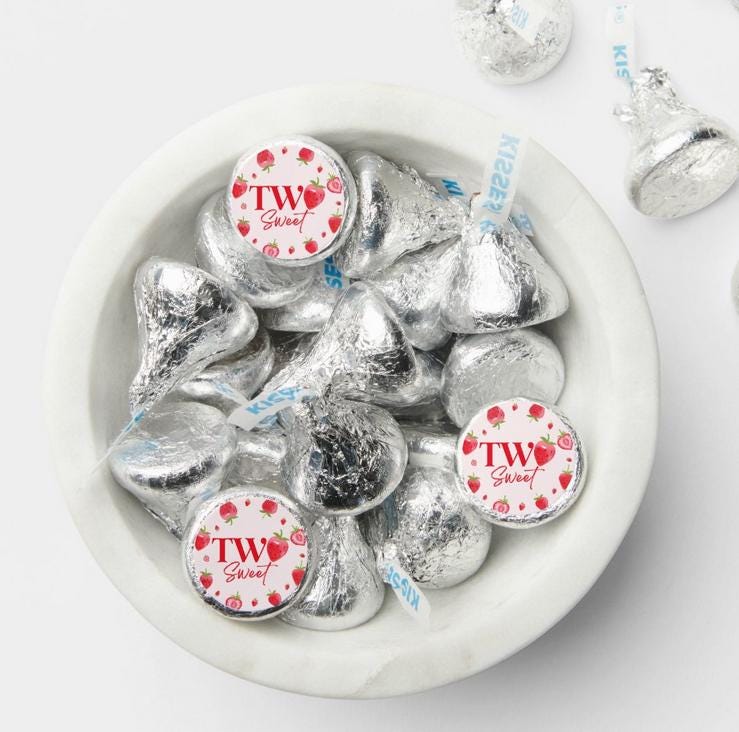 Two Sweet Strawberry Kisses Candy Stickers |100ct| 2nd Birthday|Glossy|0.75