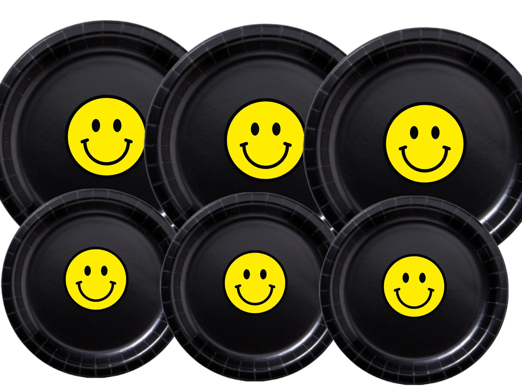 Smiley Face Party Supplies | Black Paper Plates Set | Modern Party Table Decor
