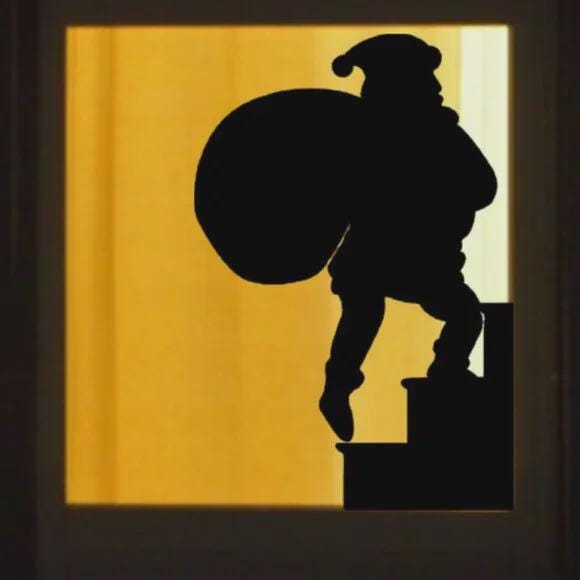 Santa Climbing Stairs with Gift Bag Window Decal | Reusable Christmas Silhouette