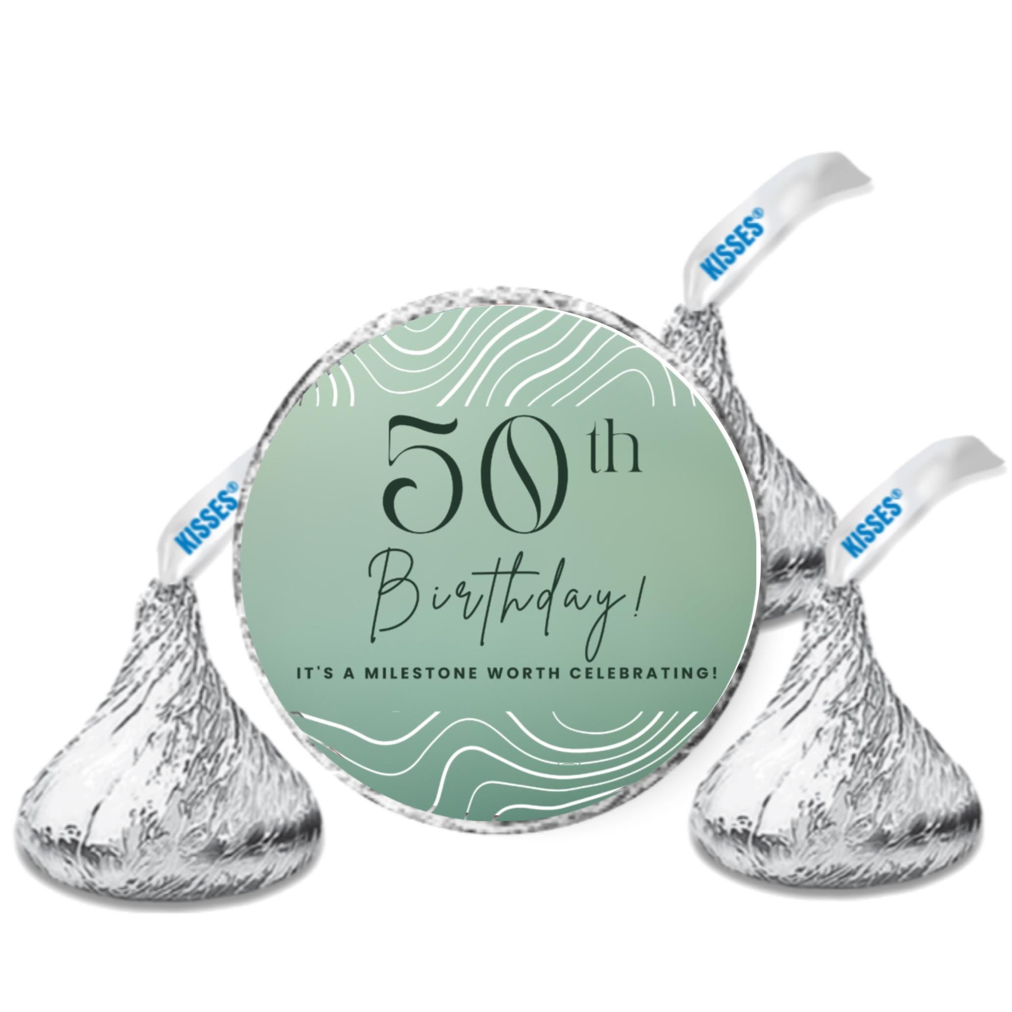 50th Birthday Stickers | 100 Chocolate Candy Kiss Labels | Glossy 0.75in Peel & Stick | Milestone Birthday Party Decorations