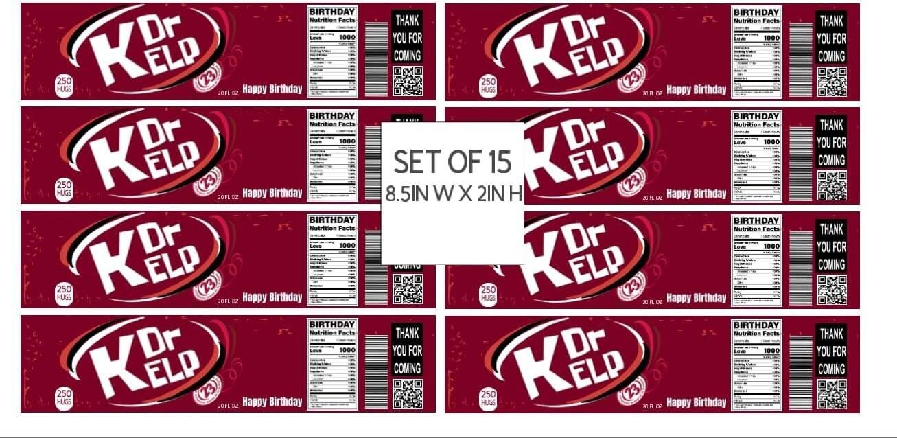 Dr Kelp Birthday Soda Bottle Labels, Party Decoration, Set of 12