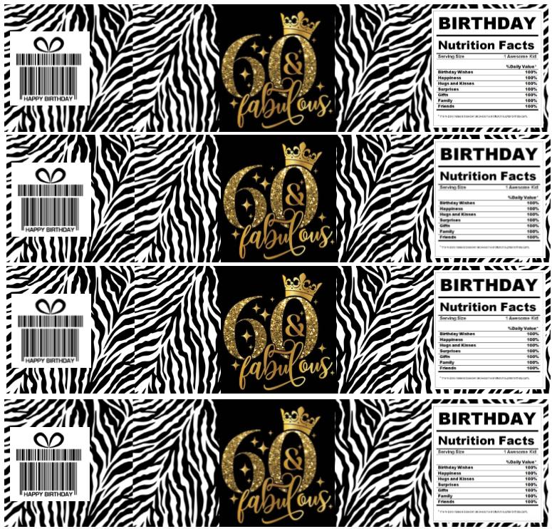 60 & Fabulous Water Bottle Labels- 60th Birthday Party Water Bottle Labels - 12