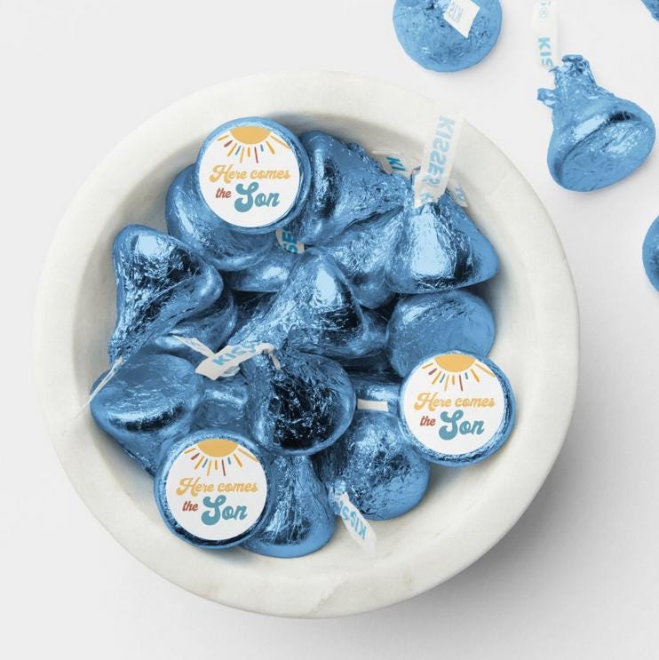 Here Comes the Son | Baby Shower Candy Labels | Set of 100 | 0.75 Inch Glossy Stickers | Gender Reveal