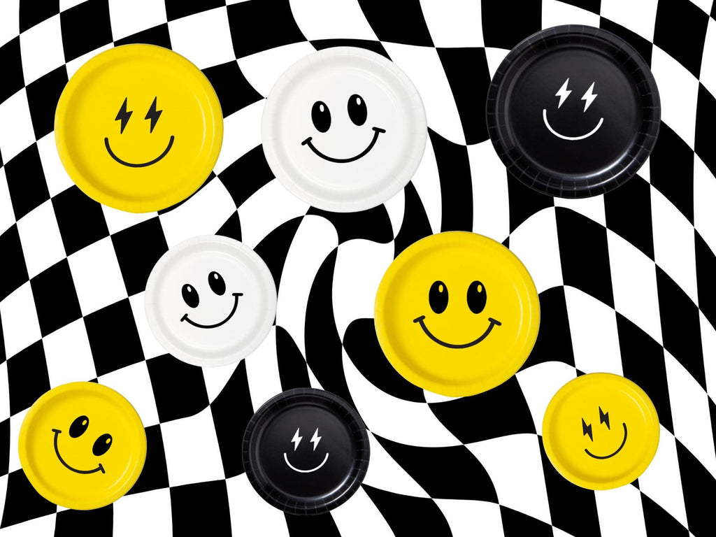 Multicolor Smiley Face Party Paper Plates Set | Black Yellow White Tableware | 40 Piece Kit