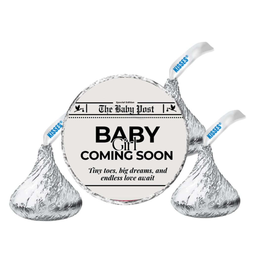 Newspaper Baby Shower Candy Stickers | Baby Coming Soon Labels | 100 Glossy Candy Kiss Stickers |