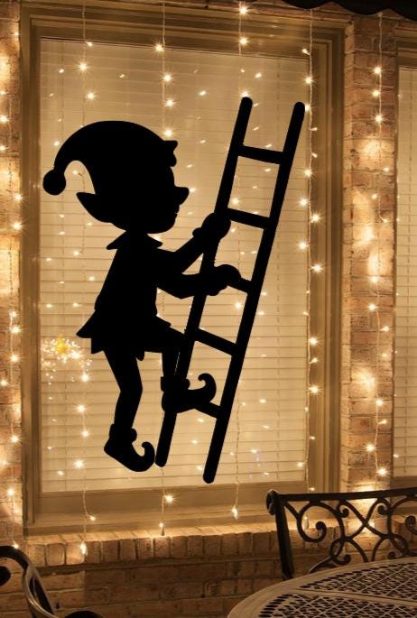 Large Elf on Ladder Christmas Window Cling Decal | Reusable| Holiday Silhouette | 17H