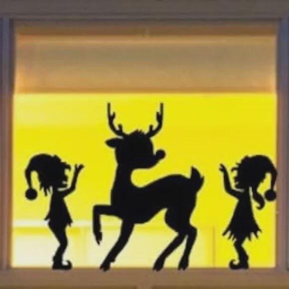 Christmas Window Decal Set, Reindeer and Elves Silhouette, 23 x 15 Inches