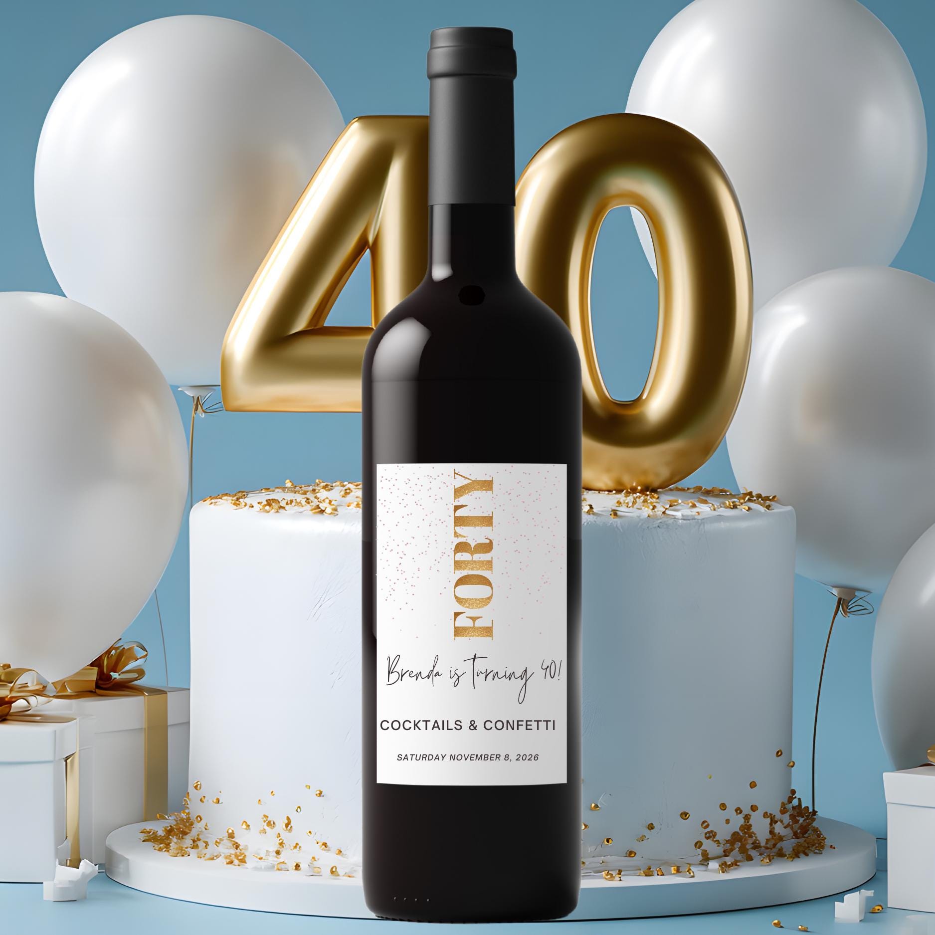 Personalized Name 40th Birthday Wine Bottle Labels| Glossy| Custom Bottle Stickers|4ct