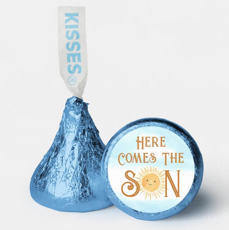 Here Comes the Son Kisses Candy Stickers | 100pcs|0.75in|Baby Shower Favors|Glossy