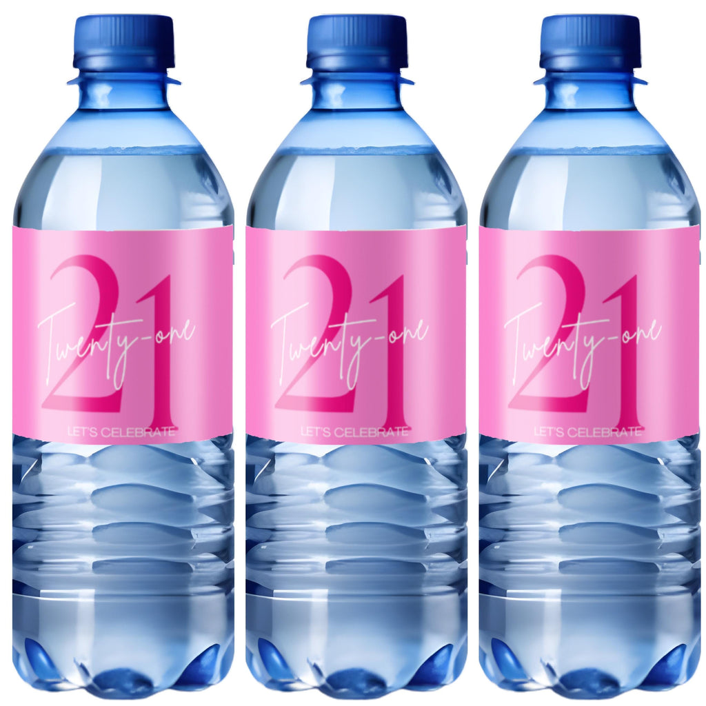 21st Birthday Water Bottle Labels | Pink Party Theme | Twenty One Lets Celebrate | Set of 12| Table Accents