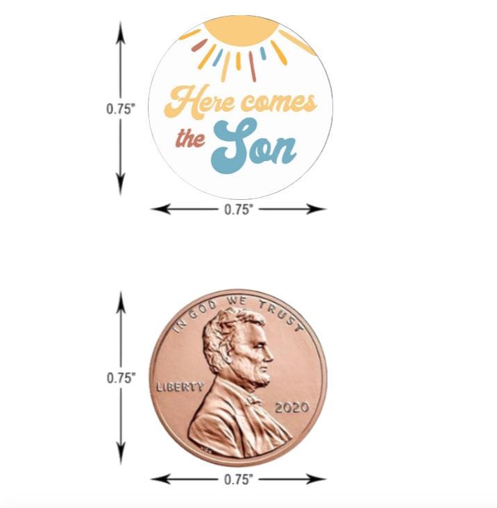 Here Comes the Son | Baby Shower Candy Labels | Set of 100 | 0.75 Inch Glossy Stickers | Gender Reveal