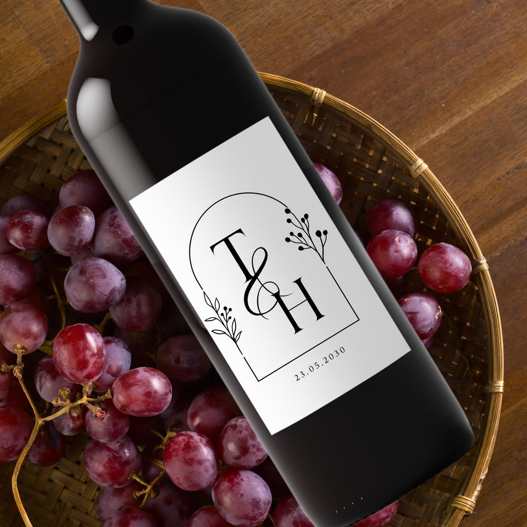 Elegant Floral Wedding Wine Labels | Personalized Initials & Date | Set of 4 Wine Bottle Wraps | Self Adhesive