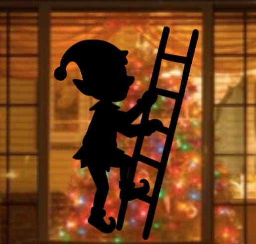 Large Elf on Ladder Christmas Window Cling Decal | Reusable| Holiday Silhouette | 17H