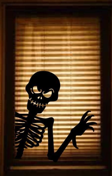 Halloween Peeping Spooky Skeleton Reusable Window Cling Decal, Black Vinyl, Indoor Non-Adhesive Decoration, 13.5 x 11.5 inches