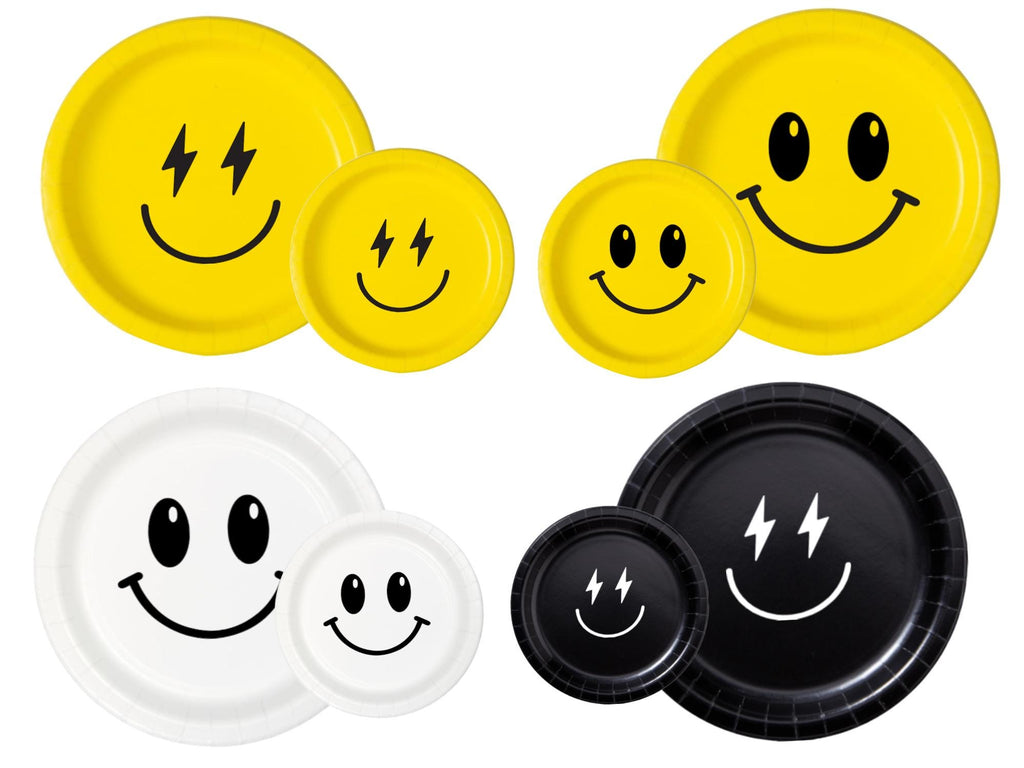 Multicolor Smiley Face Party Paper Plates Set | Black Yellow White Tableware | 40 Piece Kit
