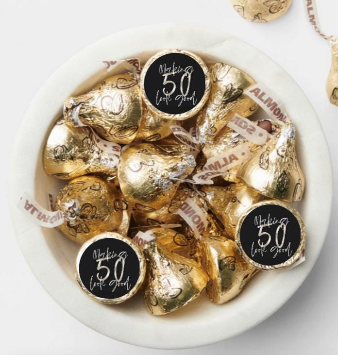 Making 50 Look Good Glossy Candy Stickers | Custom 0.75" Vinyl Labels | 50th Birthday Party Set of 100