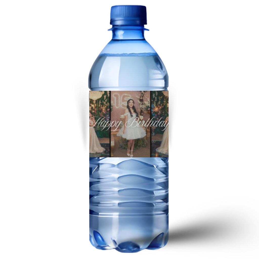 Personalized Birthday Water Bottle Labels | Photo Collage of 5 Pictures | Happy Birthday Cursive Font | Glossy