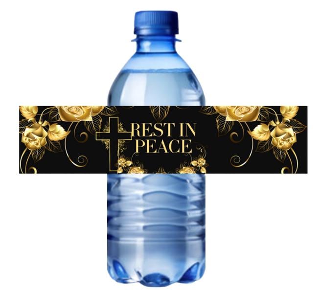 Rest In Peace Water Bottle Labels | Gold Memorial Theme | 12 Self Adhesive Labels |Elegant Memorial Favor