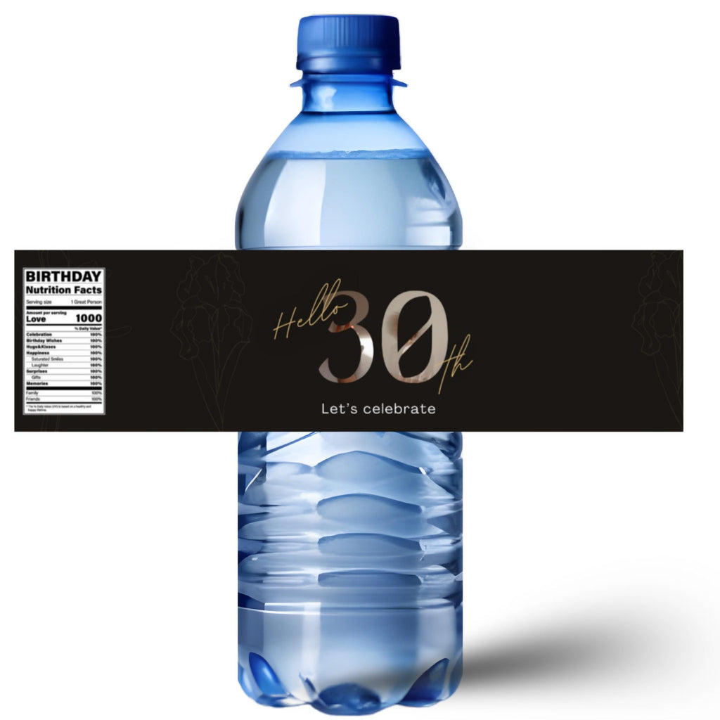 30th Birthday Water Bottle Labels | Hello 30th Lets Celebrate | Party Table Bottle Wraps | Glossy