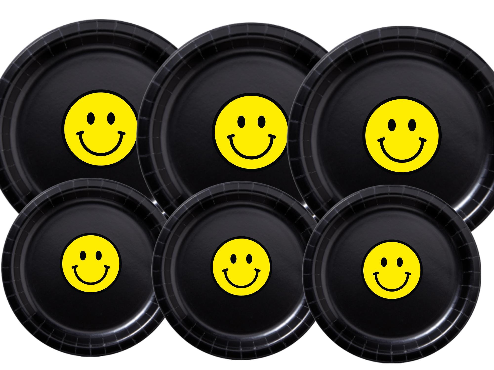 Smiley Face Party Supplies | Black Paper Plates Set | Modern Party Table Decor