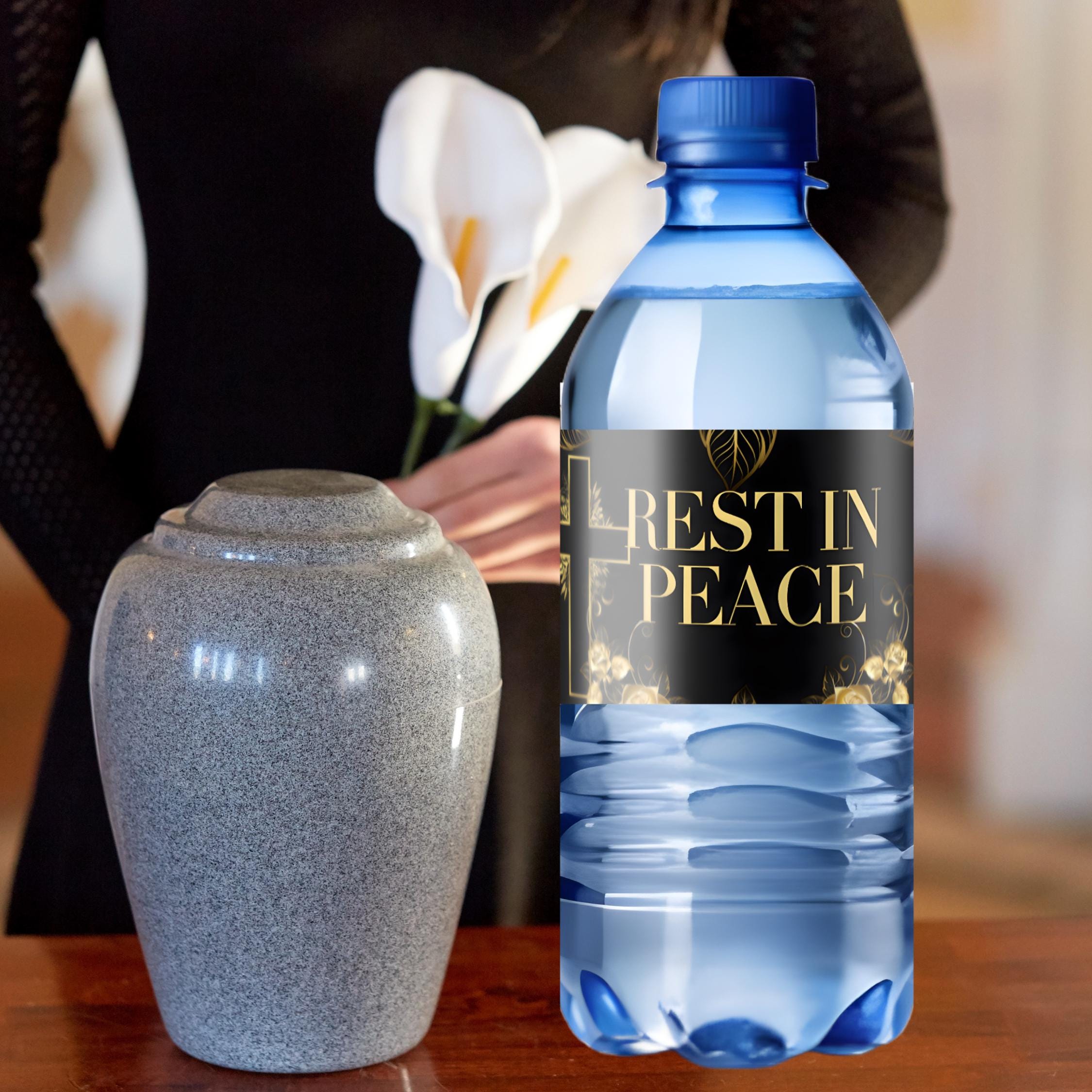 Rest In Peace Water Bottle Labels | Gold Memorial Theme | 12 Self Adhesive Labels |Elegant Memorial Favor