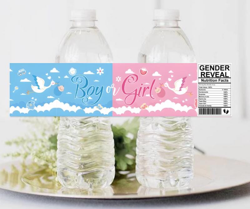 Boy or Girl | Gender Reveal Water Bottle Labels | Blue and Pink | Set of 12 | Waterproof & Durable