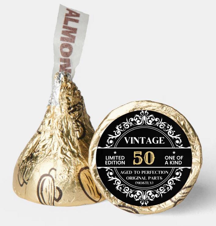 Vintage 50th Birthday Kisses Candy Stickers | 100ct|Glossy|0.75in