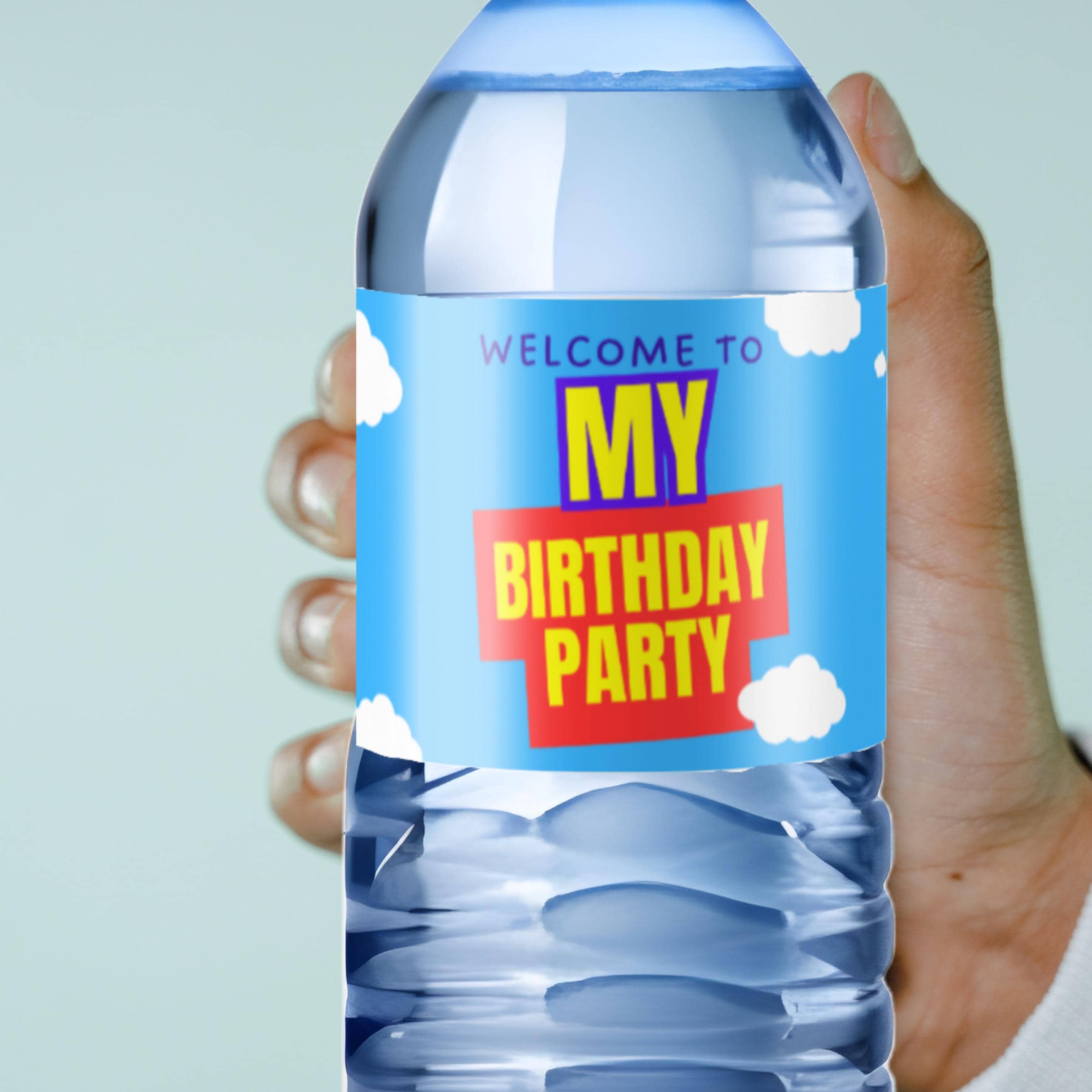 Its My Birthday Party Water Bottle Labels | Blue White Cloud Theme | Set of 12|Glossy| Birthday Favors