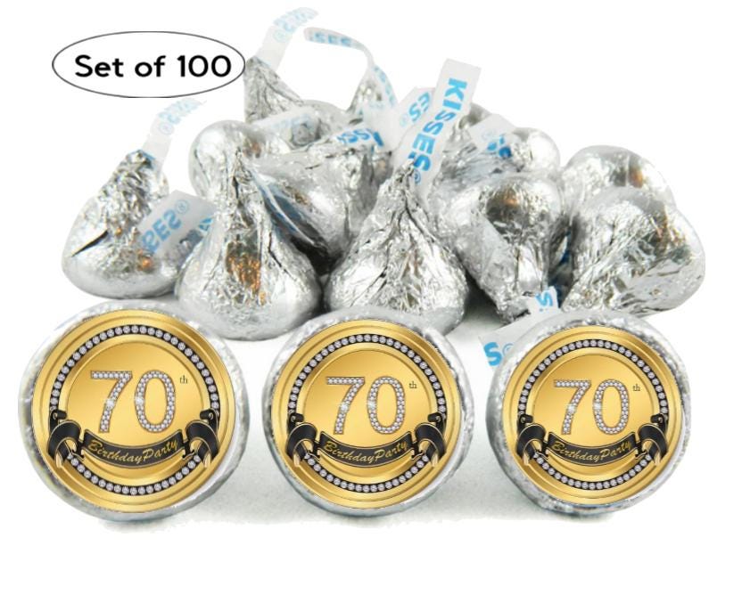 Celebrate 70th Birthday Kisses Candy Stickers | 100ct|Glossy| 70th Birthday| 0.75in