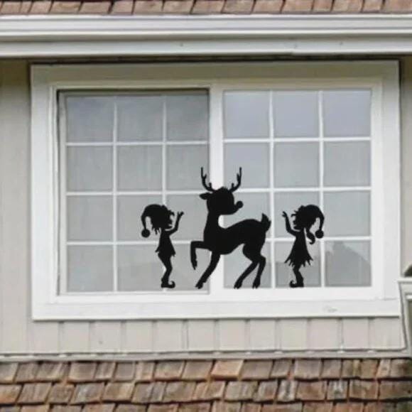 Christmas Window Decal Set, Reindeer and Elves Silhouette, 23 x 15 Inches