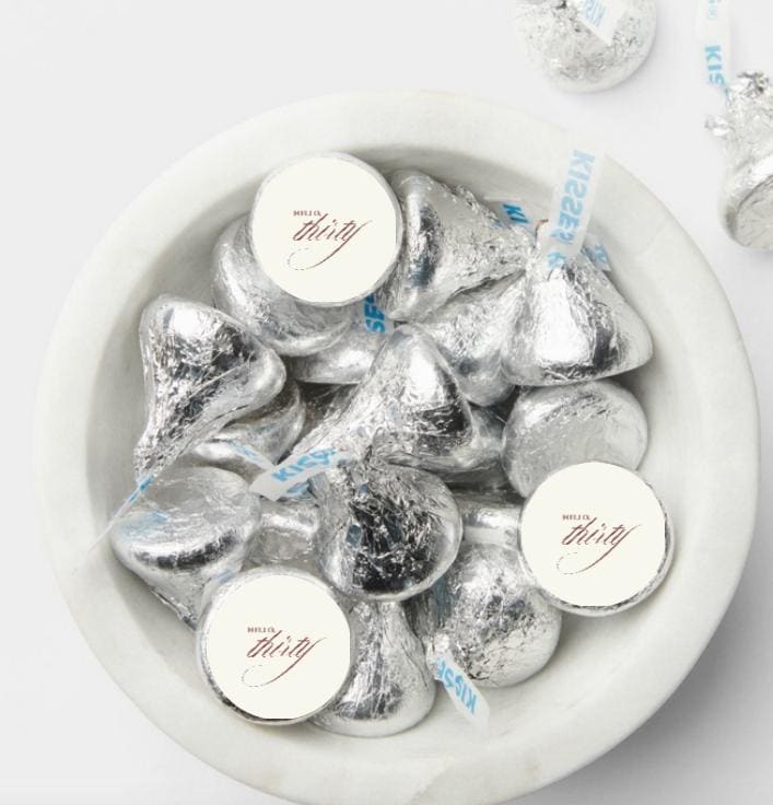 30th Birthday Kiss Candy Stickers | 100ct |Calligraphy | Party | Glossy|Durable