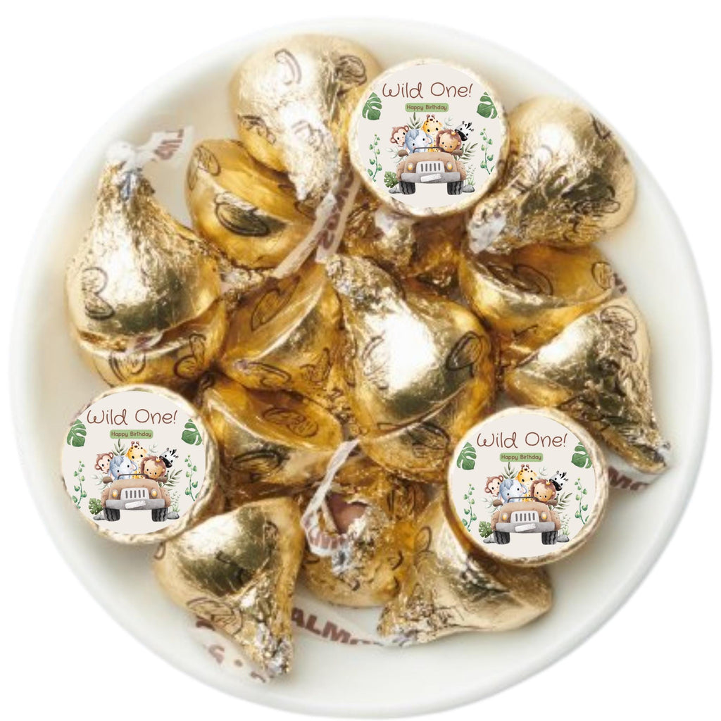 Wild 1 Safari Birthday Stickers | 100 Chocolate Candy Kiss Labels | Glossy 0.75in Peel & Stick | Safari Party Table Decorations