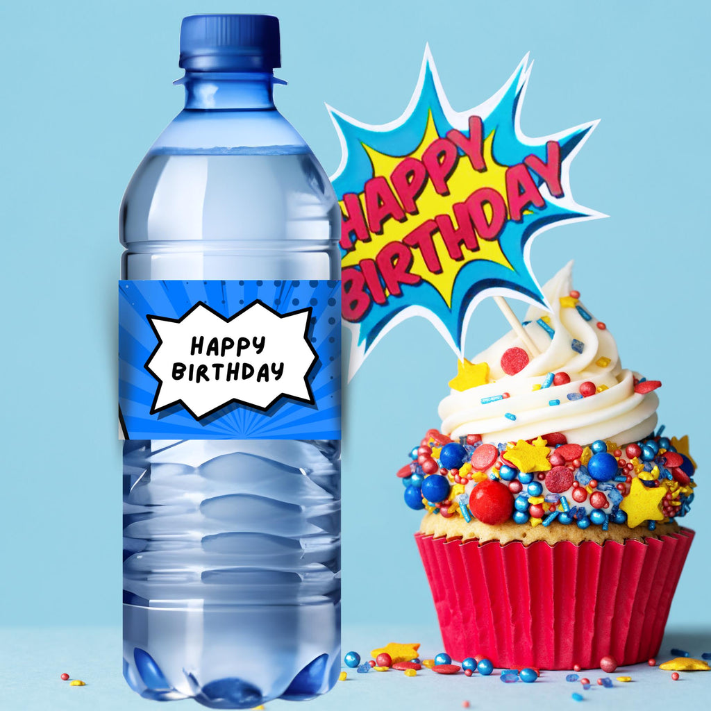 Superhero Birthday Water Bottle Labels | Kids Party Comic Decor | Happy Birthday Bottle Wraps |Glossy