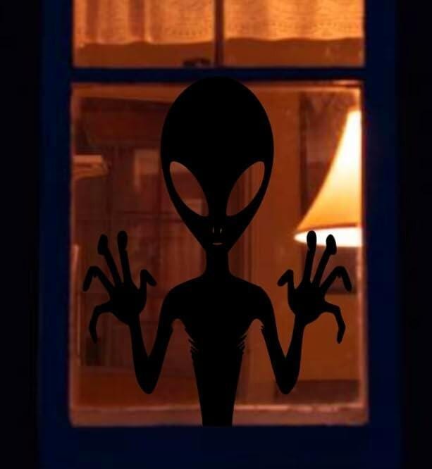 Alien Silhouette Window Decal, Large and Reusable Halloween Static Cling, Black