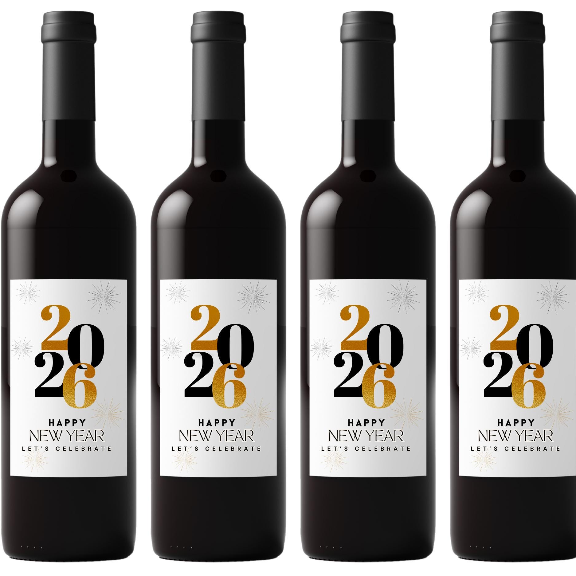 New Year Celebration Wine Labels | Custom Party Table Decor | Set of 4| Glossy